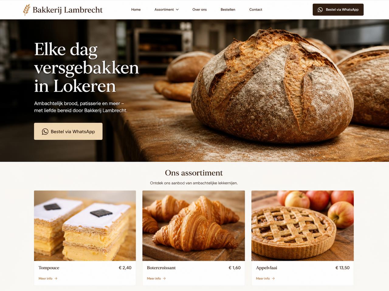 Voorbeeldwebsite voor een bakkerij met versgebakken brood en assortiment