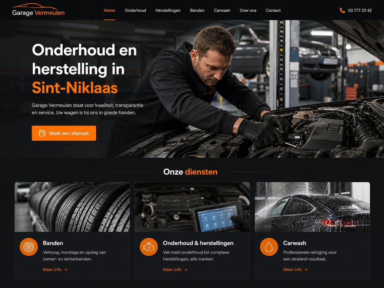 Voorbeeldwebsite voor een garage met onderhoud, banden en carwash
