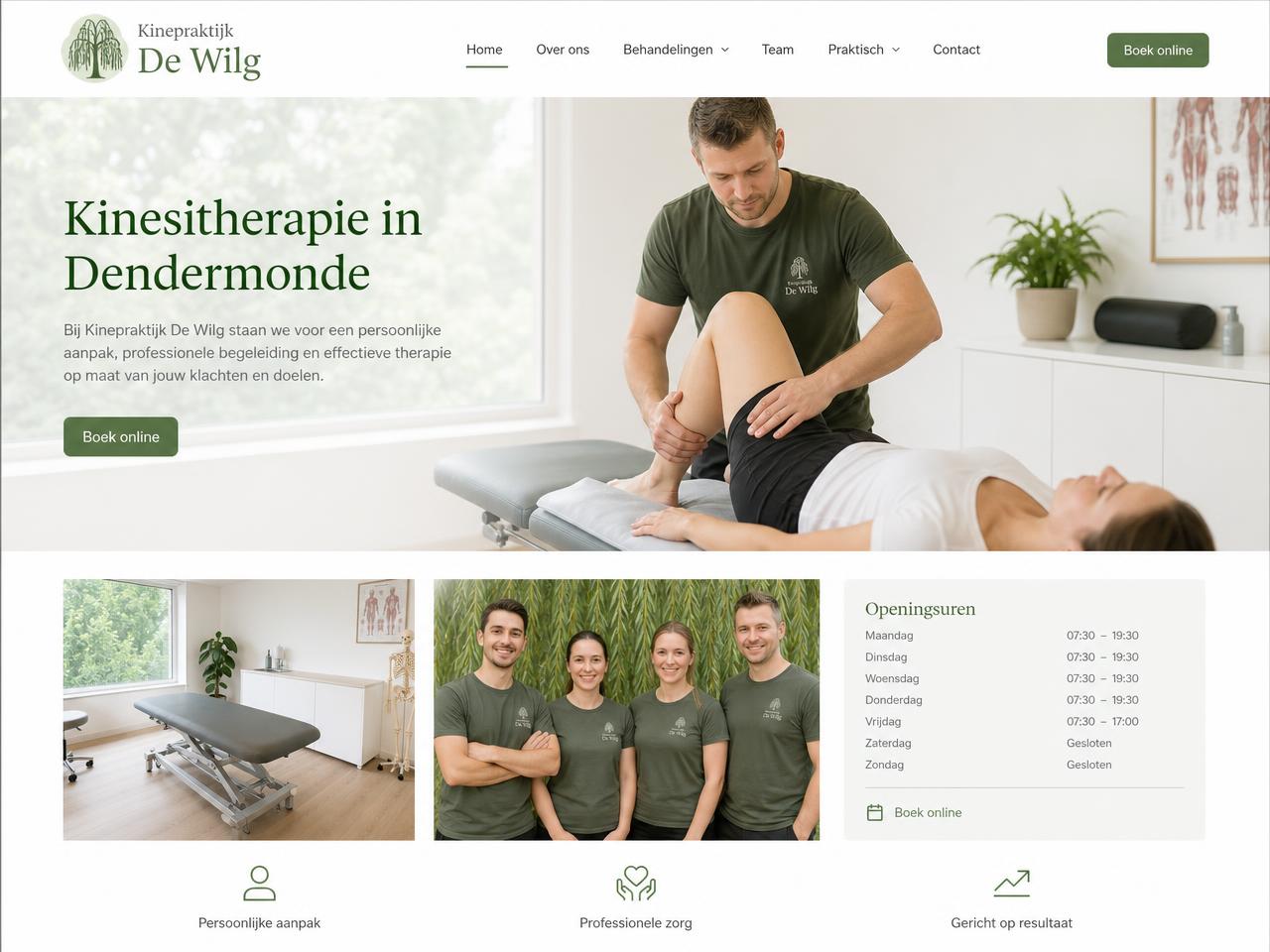 Voorbeeldwebsite voor een kinepraktijk met online agenda en openingsuren