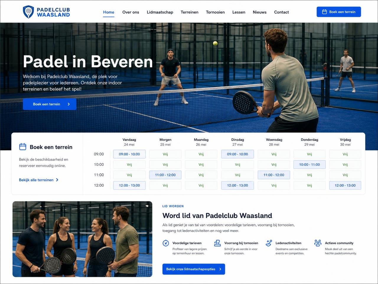 Voorbeeldwebsite voor een padelclub met terreinen boeken en lidmaatschap